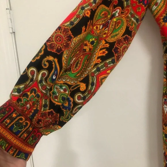 Vintage 60s 70s Psychedelic Paisley Palazzo Jumpsuit Gold Rick Rack Trim S-XS - Picture 6 of 12